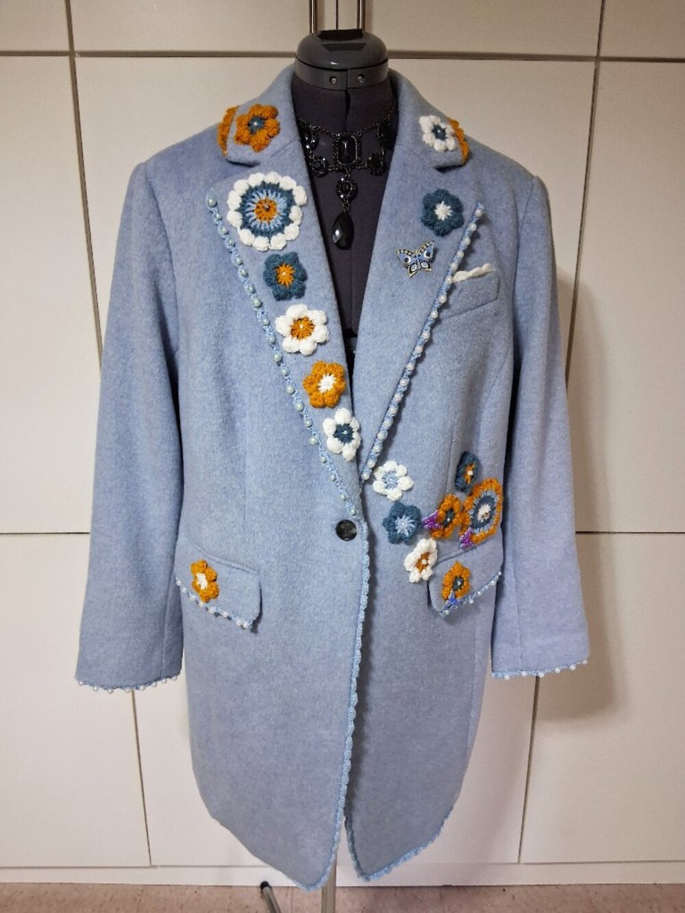 Upcycle Light Blue Crochet Flowers 3/4 Length Coat Size 16 - Picture 2 of 12